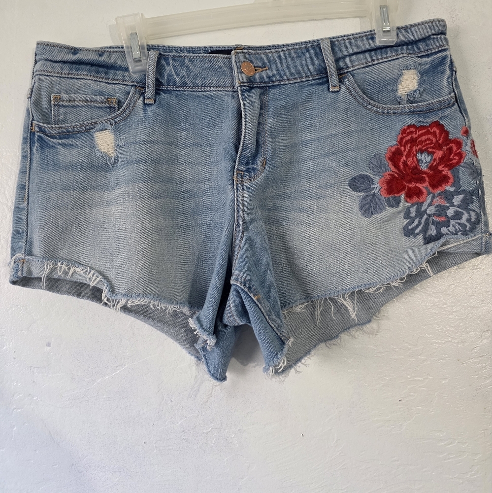 Hollister Blue and Red Jean Shorts with Floral Embroidery
